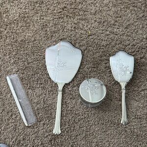 Vintage Vanity Set – 4-Piece Handheld Brush, Comb & Mirror, Powder Glass
